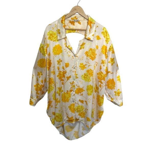 Free People Intimately Silkin' Around Sleep Shirt Yellow Floral, L - Picture 4 of 10